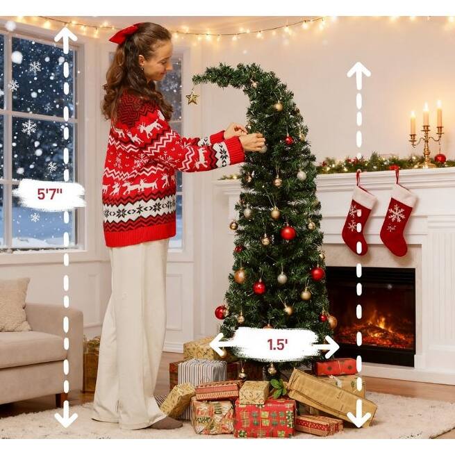 5 ft Prelit Bent Top Christmas Tree, Whimsical Xmas Tree Slim High Mountain Fir with 300 LEDs and Metal Stand