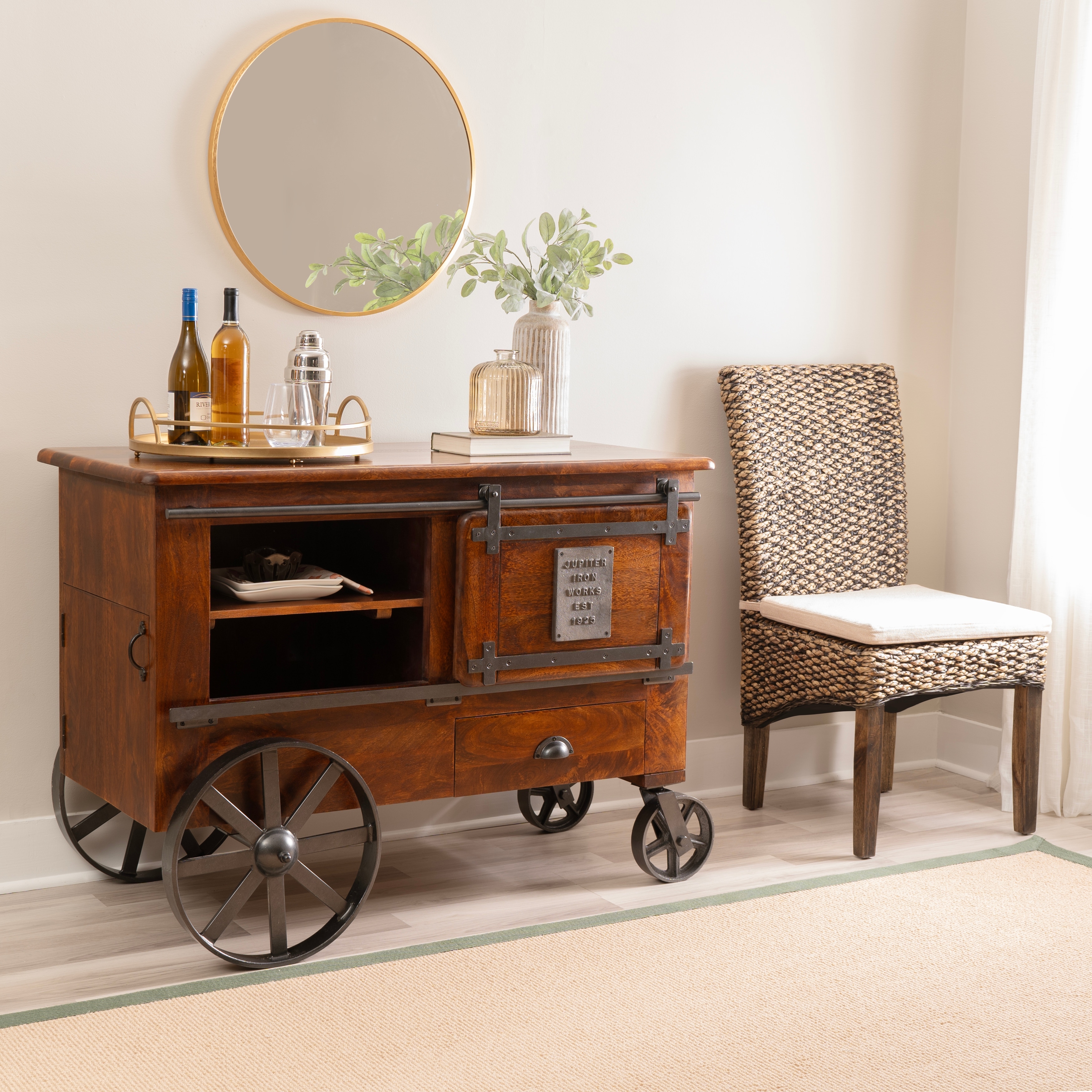 Coast to Coast Ranger Wood and Metal 2 Door 1 Drawer Wine Bar Cart with Wheels