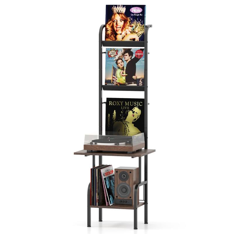 Gymax 5-Tier Record Player Stand w/ Vinyl Display Shelf Record Player - Black, Rustic Brown