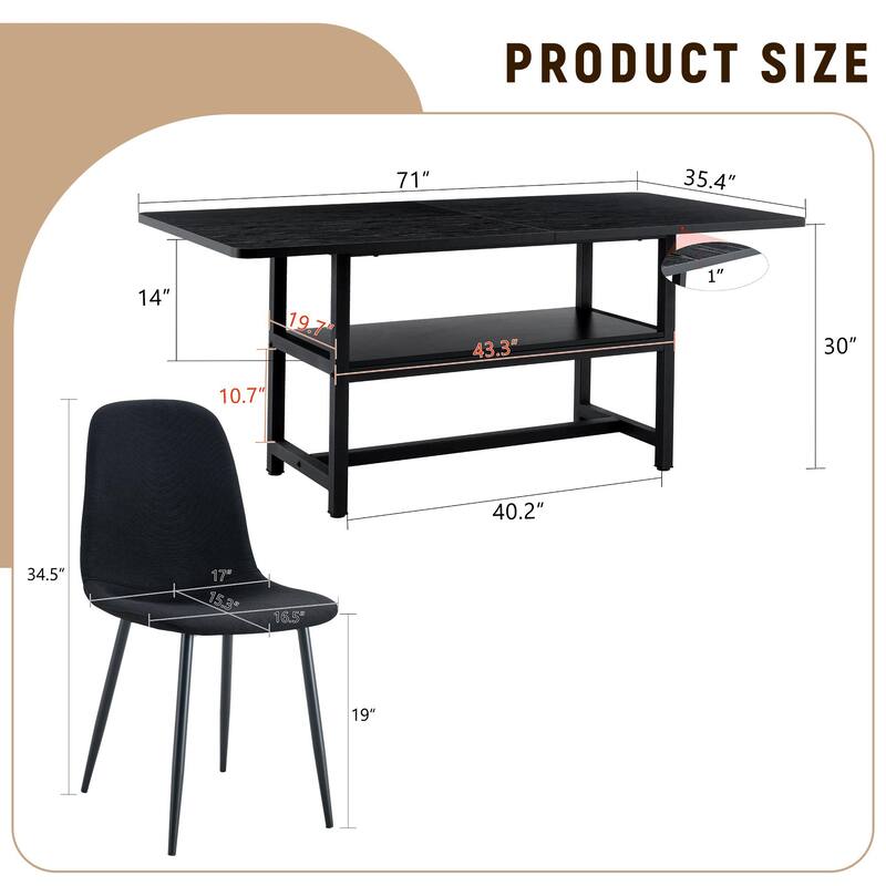 9-Piece Spliced Dining Table Set with Storage, 71x35.4 Inch Table & 8 High-Resilience Fabric Chairs