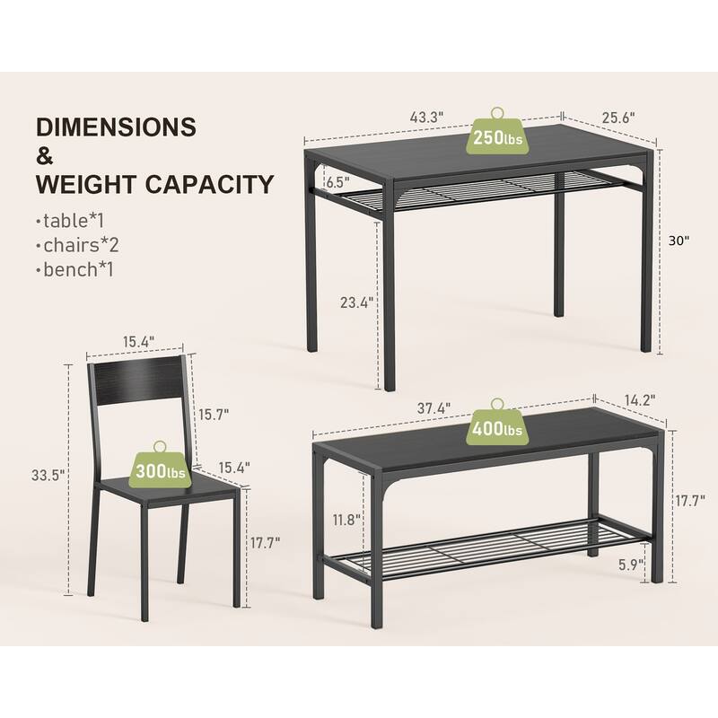 4 Piece Kitchen Dining Table with 2 Chair and Bench for Small Space