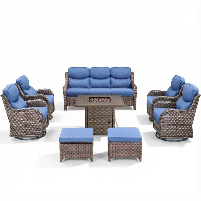 Pocassy Outdoor Propane Fire Table w/ Sofa Swivel Chair Ottoman Funiture Set.