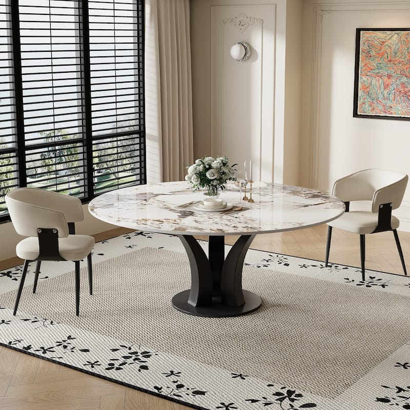 59" Round Sintered Stone Dining Table for 6-8, Glossy Pandora Table top