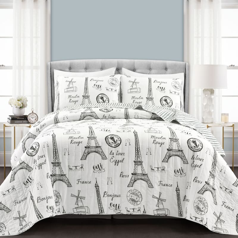 Lush Decor Paris Bonjour Reversible 3 Piece Cotton Quilt Set - Black & White - King