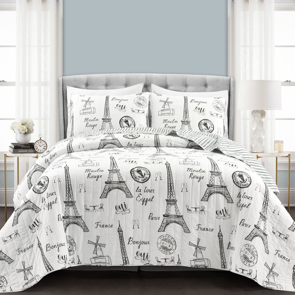 Lush Decor Paris Bonjour Reversible 3 Piece Cotton Quilt Set