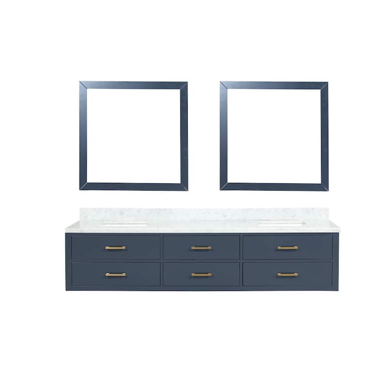 Lexora Castor Double Bath Vanity, Carrara Marble Top, and Mirrors - 84 Inch - Blue