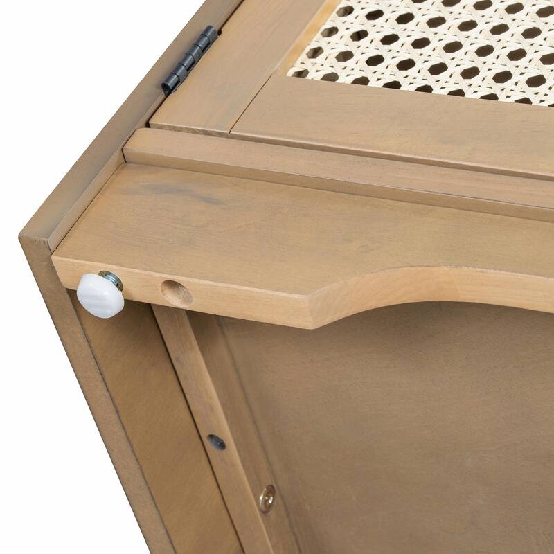 Rustic Storage Bench with Removable Cushion, Woven Rattan Doors & Adjustable Shelves