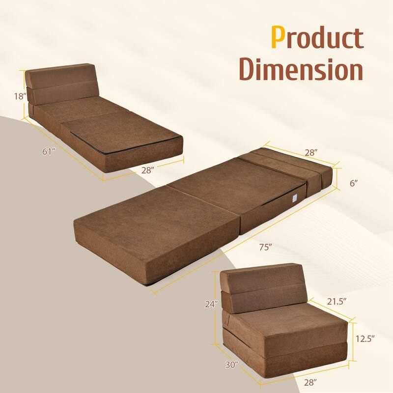 Costway Tri-Fold Fold Down Chair Flip Out Lounger Convertible Sleeper - 77.5'' x 29'' x 6.5'' (L x W x H)