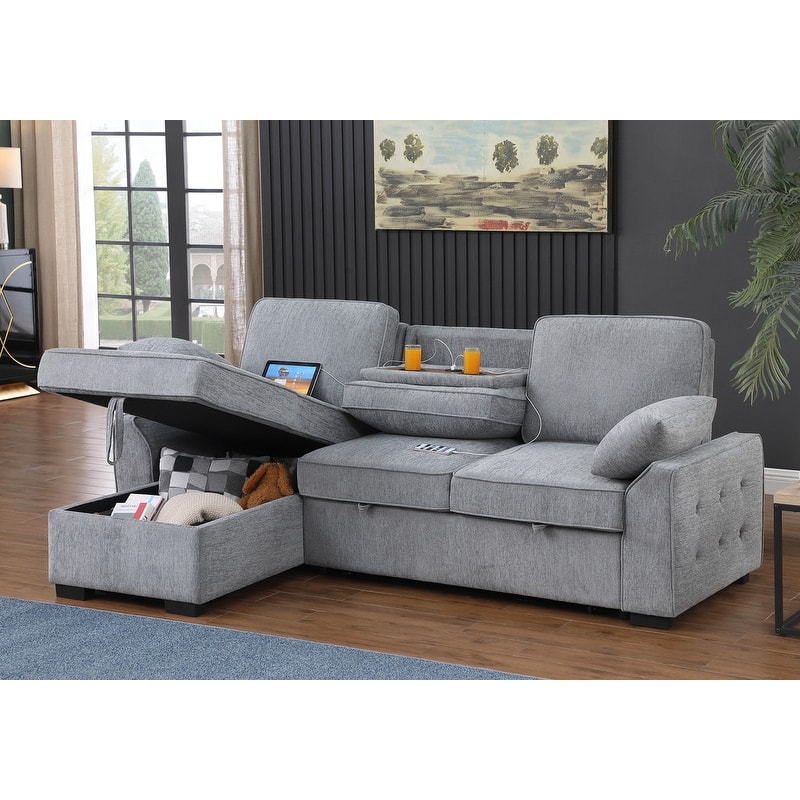 Mackenzie 91"W Chenille Fabric Reversible Sleeper Sectional with Storage Chaise, Drop-Down Table, Cup Holders & Charging Ports - Light Gray