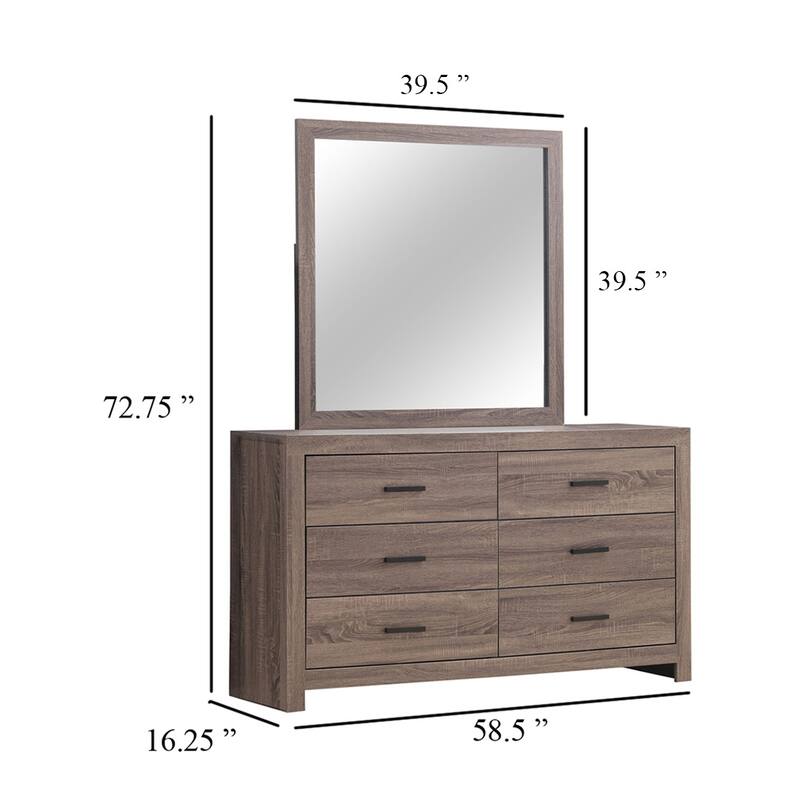 Sili Wide Dresser with Rectangular Mirror, 6 Drawers, Barrel Oak Brown