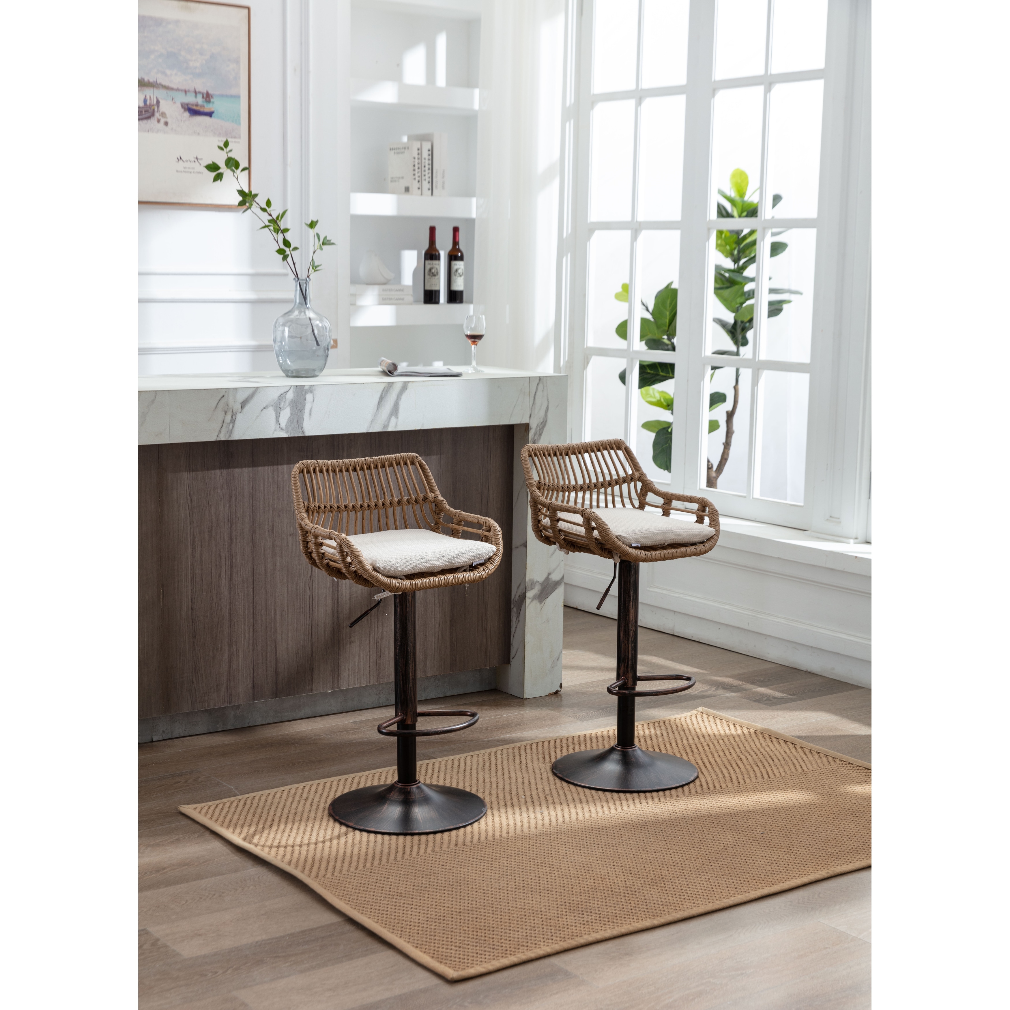 2pcs Beige Swivel Bar Stools Adjustable Counter Height Chairs with Rattan Back and Footrest for Kitchen Island Dining Chair Bed Bath Beyond 39846025