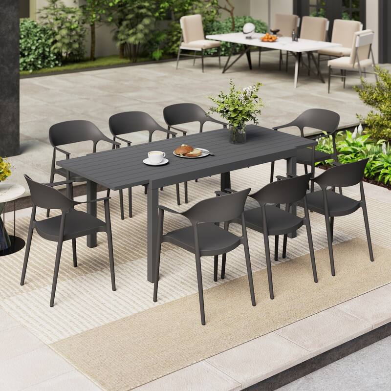 Outdoor Dining Set 9-Piece Stackable Plastic Lightweight Curved Backrest Armchair and Extendable Dining Table - Black chair & Dark Grey table