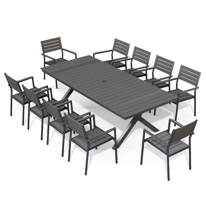 Pellebant 11PC Aluminum X Frame Outdoor Patio Dining Set Table with Stackable Armchairs - Black