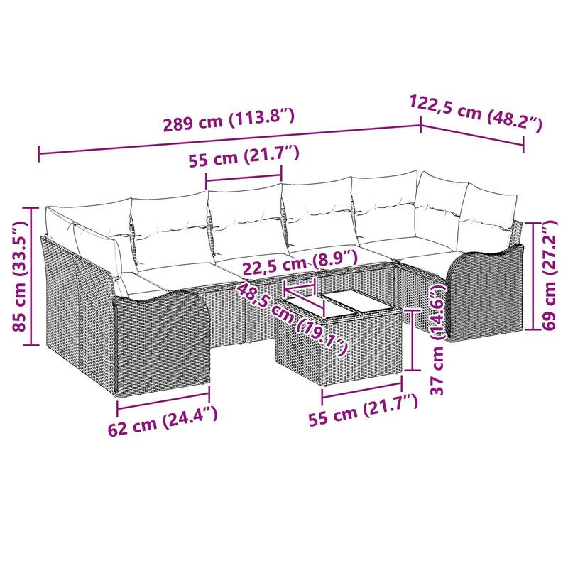 vidaXL 8 Garden Sofa Set with Cushions Black/Brown/Grey Poly Rattan - 113.8 x 48.2 x 27.2