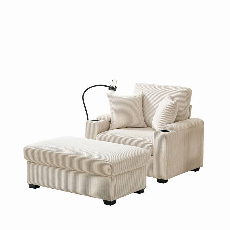 55"Oversized Chaise Lounge Chair with Ottoman and Storage,Sleeper Chair with Cup Holder,Mobile Phone Stand&USB Charging Port