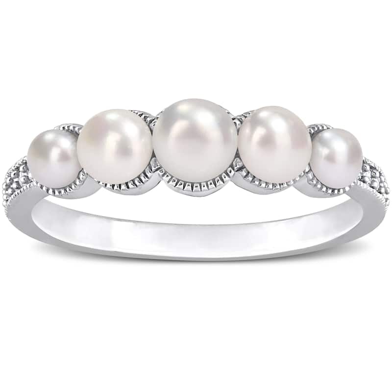 Miadora Cultured Freshwater Pearl and Diamond Accent Halo Five Stone Ring in 14k White Gold