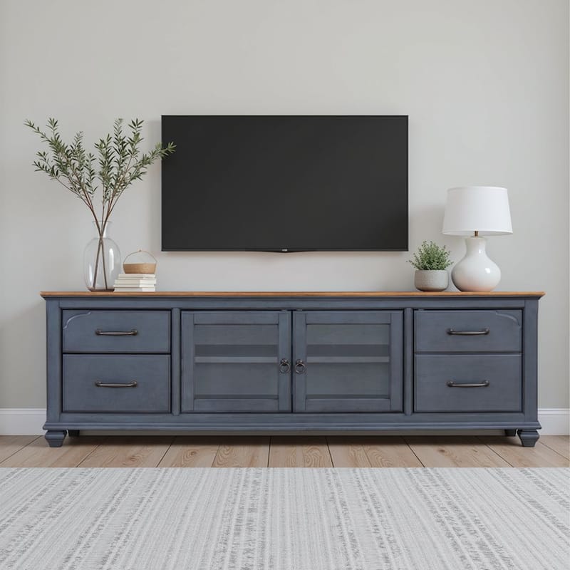 Bridgevine Home Americana 84 in TV Stand for TVs up to 90 inches, No Assembly Required, Corduroy Blue Finish - Corduroy Blue