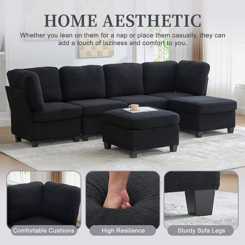 HOMEFUN 6-Seat Polyester Upholstered U-Shaped Modular Storage Sleeper Sectional Sofa with Storage Ottoman