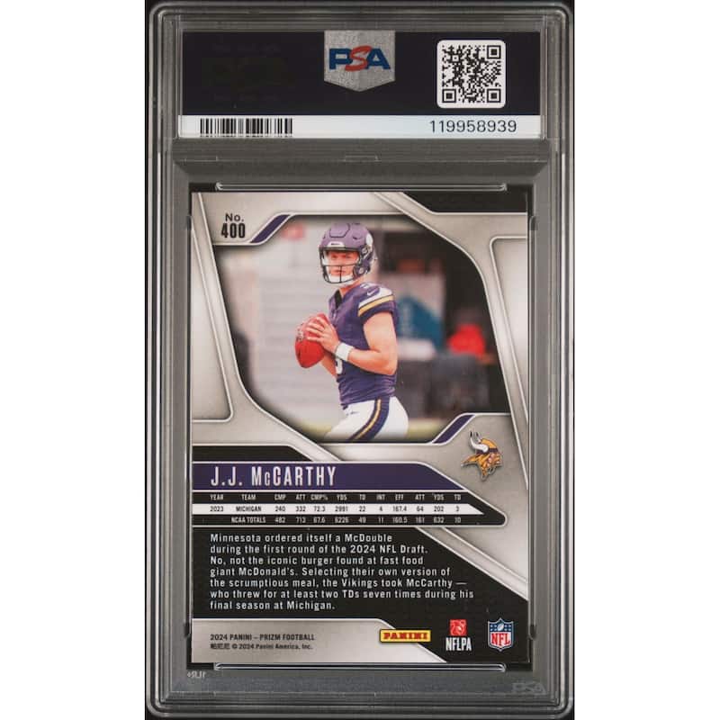 J.J. McCarthy 2024 Panini Prizm Signed Football Rookie Card #400 Auto Graded PSA 10 Cert # 119958939 JJ - 8' x 11'