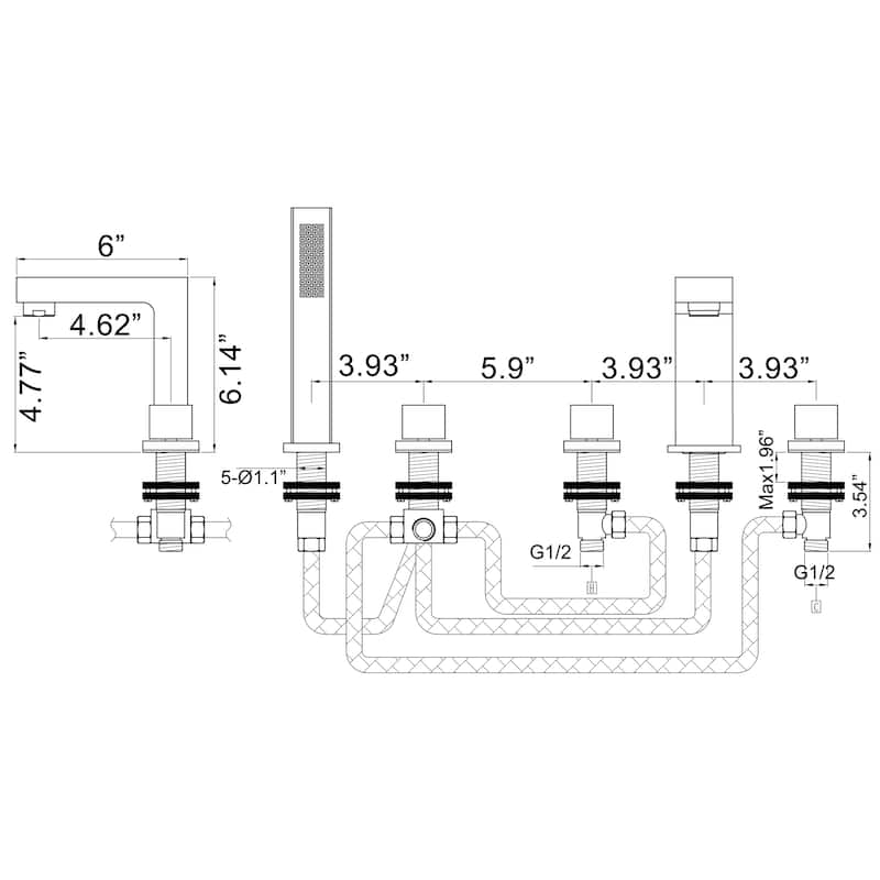 3 Handle Deck Mounted Roman Tub Faucet with Diverter and Handshower