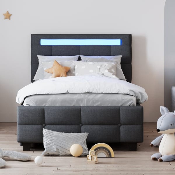 slide 2 of 27, Twin Size Platform Bed Frame with Headboard & 4 Storage Drawers, Linen Fabric Upholstered Bed Frame with LED Lights Frame Gray - Twin