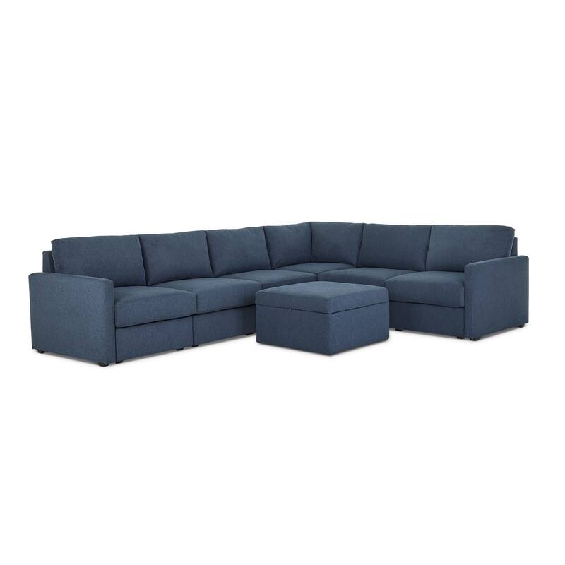 Flex Taupe Fabric 6-Seat Sectional with Narrow Arm and Storage Ottoman - 132" x 35" x 102"
