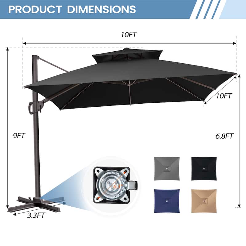 Crestlive Products 10FT Aluminum Square Double Top Patio Cantilever-Offset Umbrella