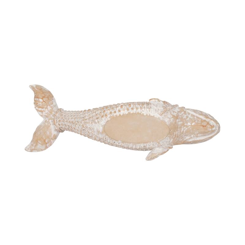 Sagebrook Home 17" White Resin Wicker Beluga Whale Figurine, Polyresin Coastal Decor Accent for Serene Home Styling
