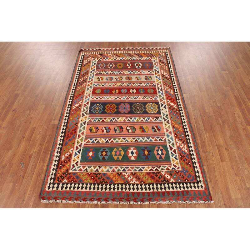 Vegetable Dye Striped Kilim Qashqai Persian Vintage Wool Carpet - 4'11"x 8'0"