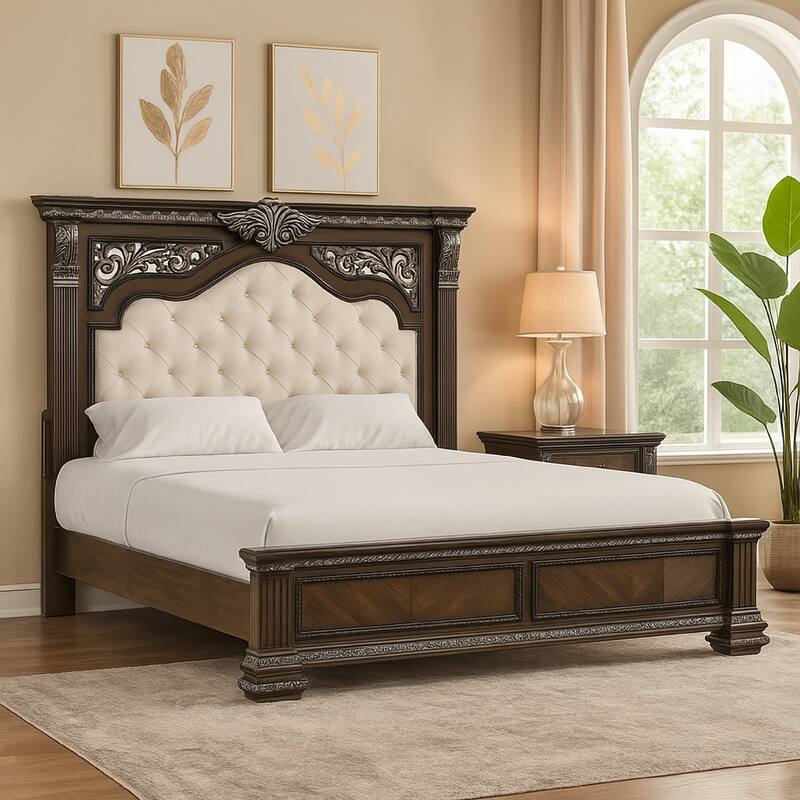 Naddy King Bed, White Fabric Pleated Upholstery, Espresso Brown Wood