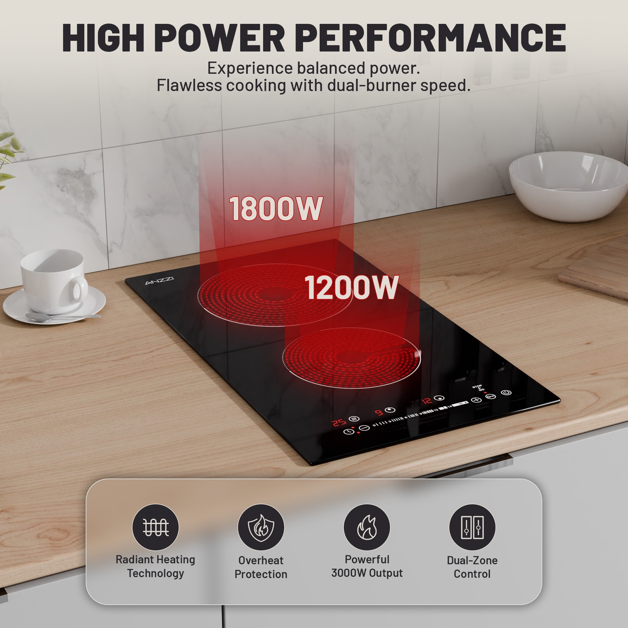 12-In. Electric Cooktop in Black Glass with Dual-Zone Control, Radiant Heating, and Ceramic Hobs for Precision Cooking