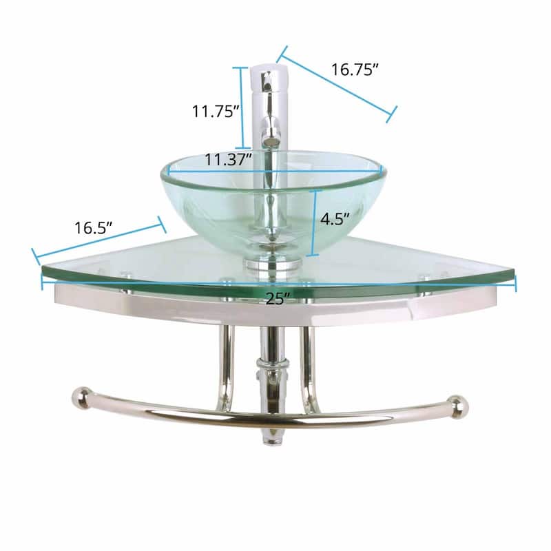 Talula Clear Glass Corner Round Wall Mounted Vessel Sink with Chrome Faucet, Drain and Towel Bar - Green
