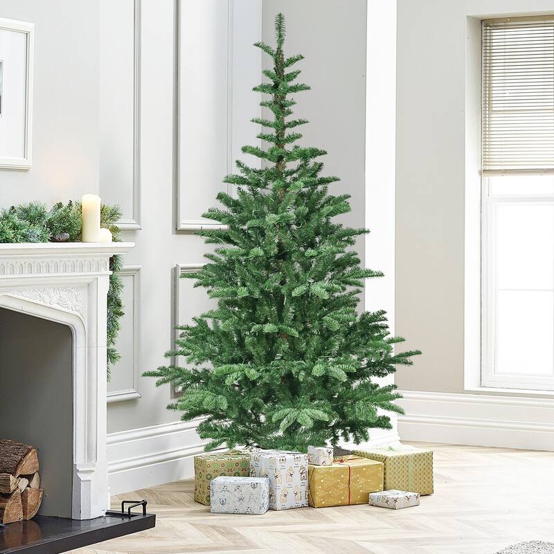 8ft Pre-Lit Christmas Tree with 500 Warm White LED Lights, 1307 PE+PVC Tips, Realistic Layered Look,Unique Wooden Base