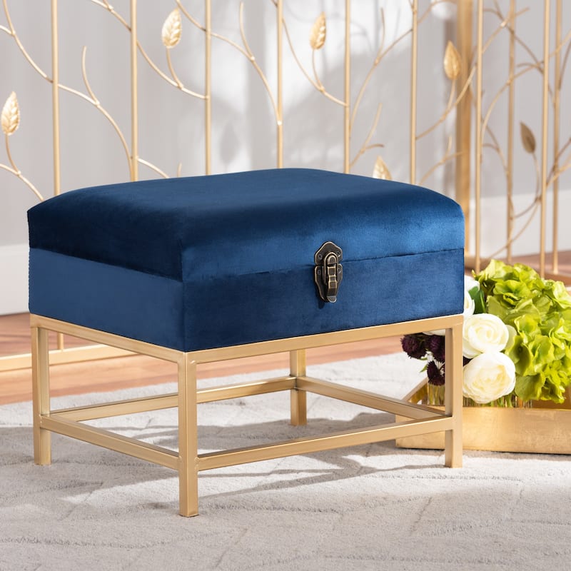 Aliana Glam and Luxe Velvet and Gold Metal Small Storage Ottoman