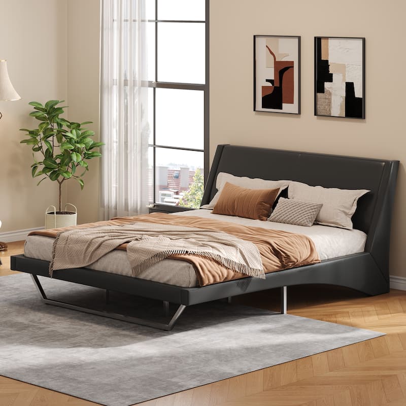 Wave-Like Curve Design Platform Bed Pu Leathe Upholstered Bed Frame Wooden Slat Support - Black - King