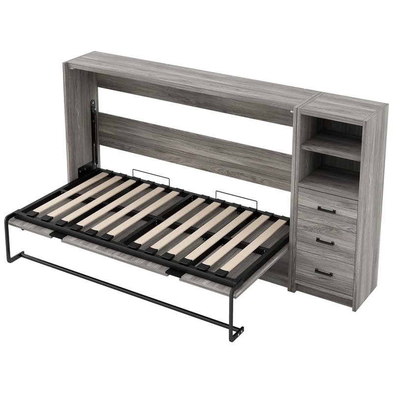 Twin Size Murphy Bed Wall Bed with LED Light, Space Saving Murphy Cabinet Bed with 3 Drawers and Storage Shelf