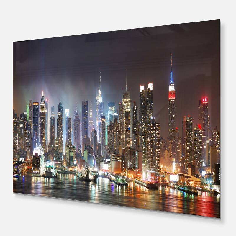 Designart 'Lit NYC Manhattan Skyline' Cityscape Photo Metal Wall Art