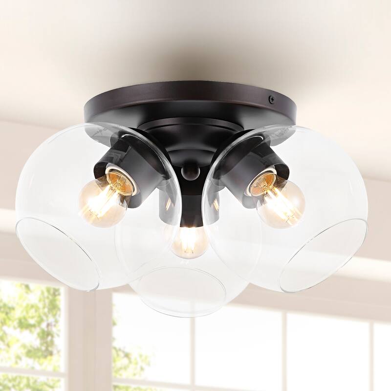Piper 11.5" 3-Light Farmhouse Rustic Iron/Glass LED Semi Flush Mount, Oil Rubbed Bronze/Clear by JONATHAN Y - 3 Light