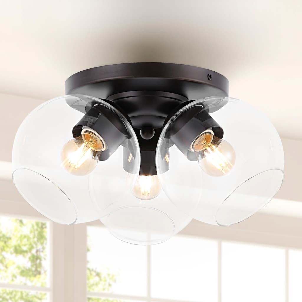 Piper 11.5" 3-Light Farmhouse Rustic Iron/Glass LED Semi Flush Mount, Oil Rubbed Bronze/Clear by JONATHAN Y - 3 Light