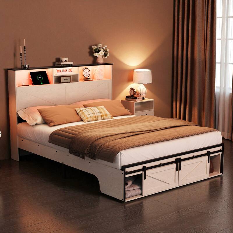 Farmhouse Full/Queen Bed Frame with Storage Headboard, Charging Station and RGB LED Lights, MDF and Steel Platform Bed