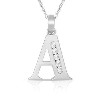 Curata 14k White Gold, 18" Small Channel-set (A-Z) Cubic Zirconia Initial Pendant Necklace