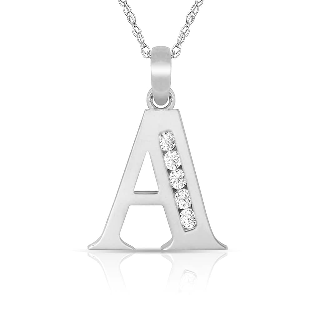Curata 14k White Gold, 18" Small Channel-set (A-Z) Cubic Zirconia Initial Pendant Necklace