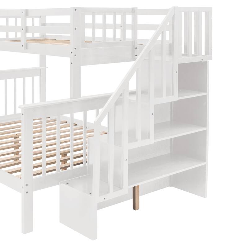 White Twin-Over-Full Pine Bunk Bed with Staircase and Drawer