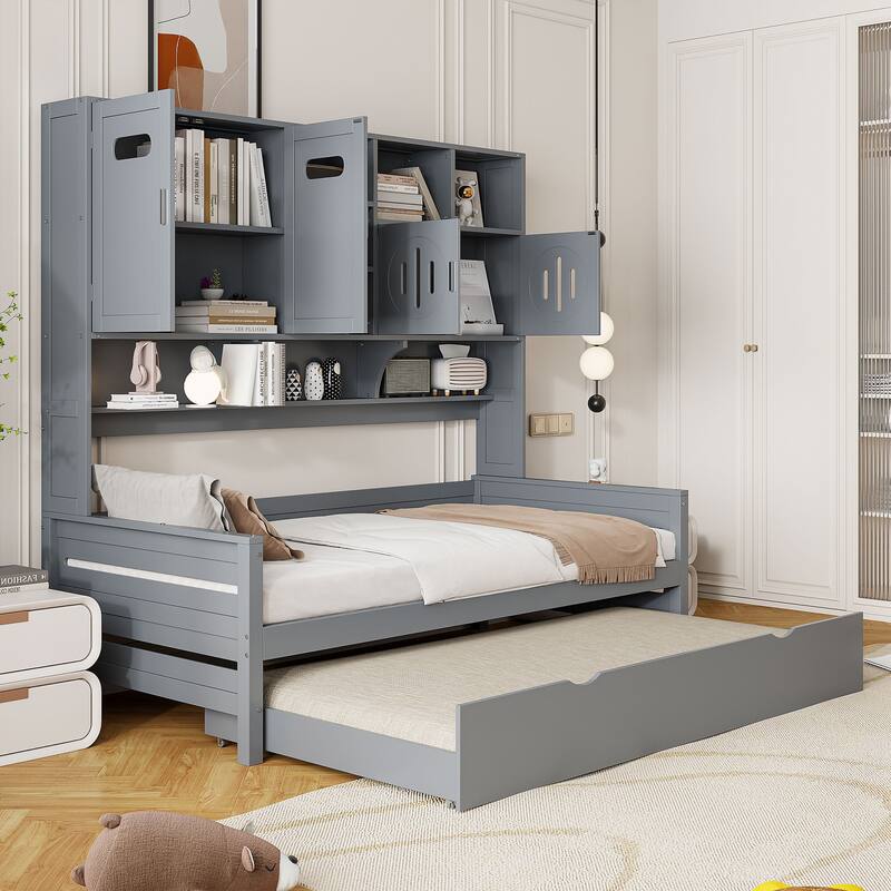 Gray Twin Size Wooden Daybed with Trundle, Cabinet, and Shelf