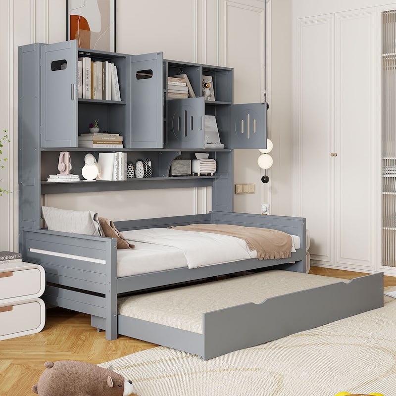 Space-Saving Twin Size Daybed with All-in-One Cabinet, Wooden Platform Bed Frame with Twin Trundle & Shelf, No Box Spring Needed