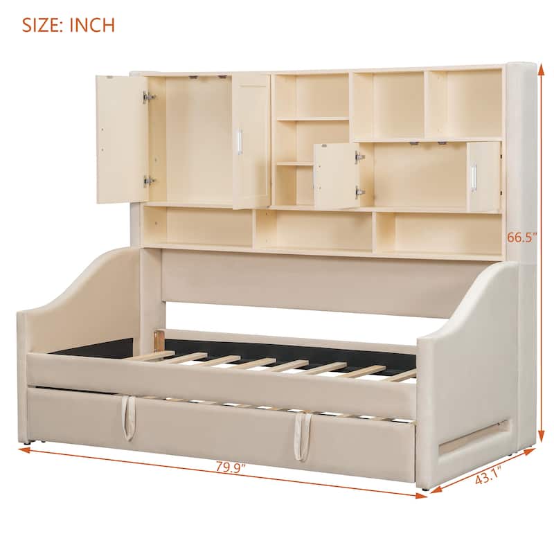 Convertible Twin Daybed with LED Armrests, Storage Shelving & Pop-Up Trundle by Harper&Bright Designs