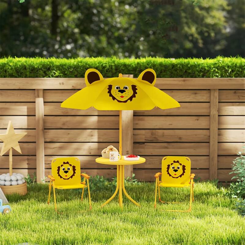 Kids Outdoor Picnic Table and Chair Set with Adjustable Umbrella Lion Pattern Foldable Table and Chairs for Ages 2-5