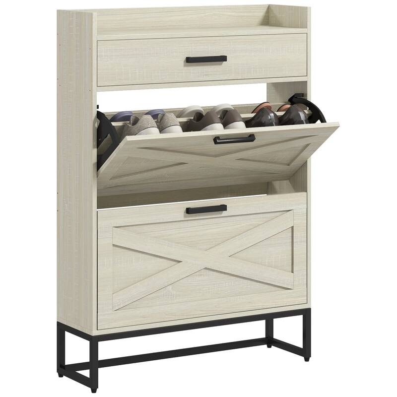 Hidden Shoe Cabinet with 2 Flip Drawers, Adjustable Shelves,Top Drawer