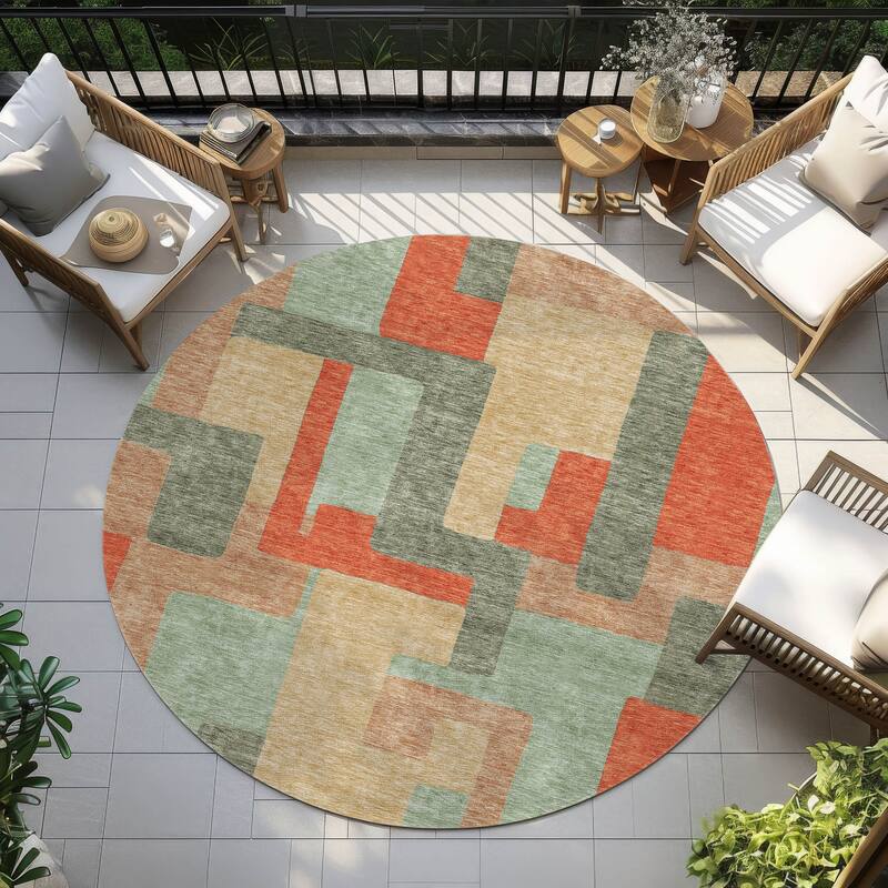 Machine Washable Indoor/ Outdoor Contempoary Blocks Chantille Rug - Sage - 8' x 8'
