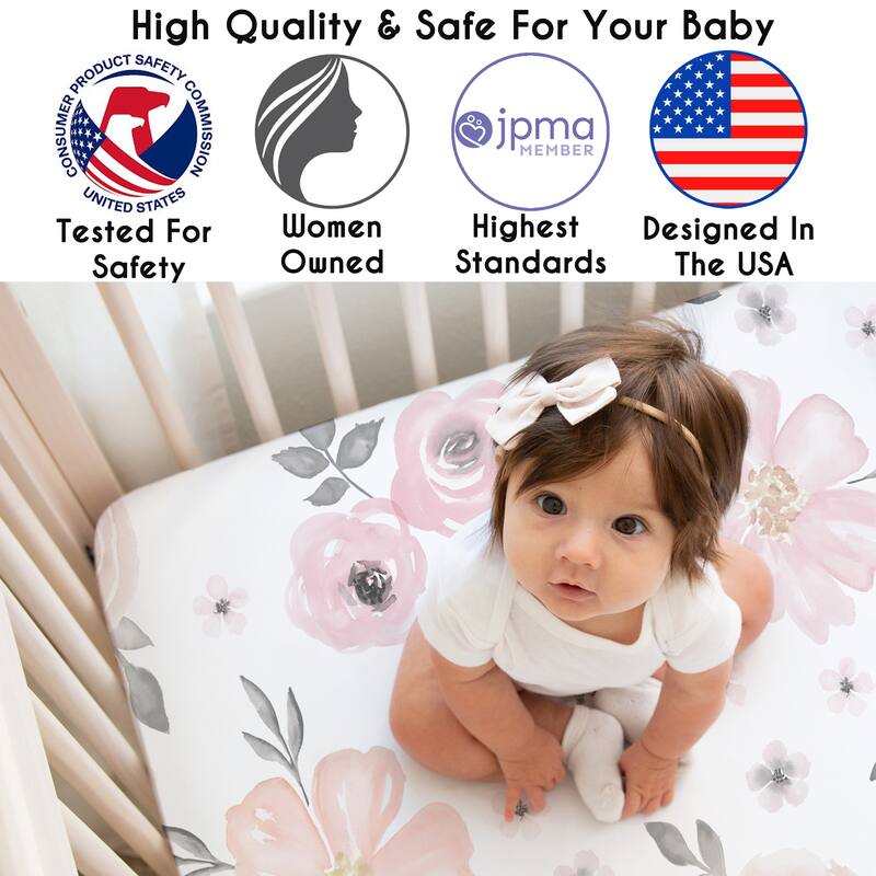 Sweet Jojo Designs Pink Boho Floral Girl 3 Pack Fitted Crib Sheets - Solid Blush, White/Grey Polka Dots & Bohemian Shabby Chic